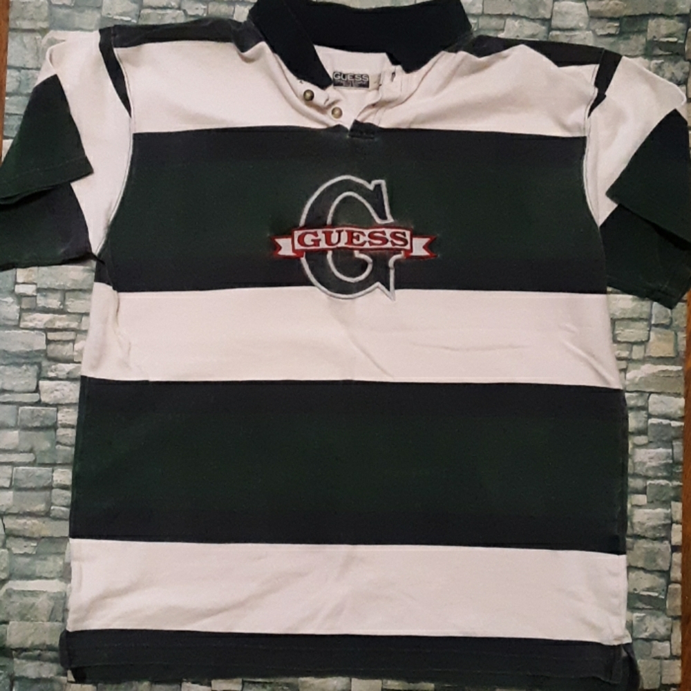 GUESS Polo RARE Shirt Green Blue Big G Vintage